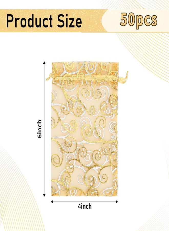 WSepascI Organza Gift Bags, 50Pcs Gold Sheer Organza Bags, 4 × 6 Inch Mesh Drawstring Bag, Rattan Printed Jewelry Gift Pouches Candy Bag for Valentines Wedding Couple Shower Birthday Christmas Party Favors - Image 2